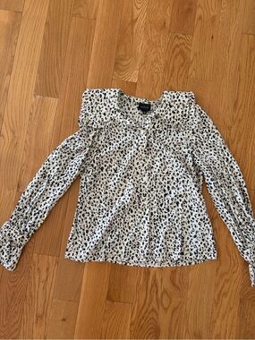 Who What Wear White Blouse with Black Spot Print and Ruffle Shoulders